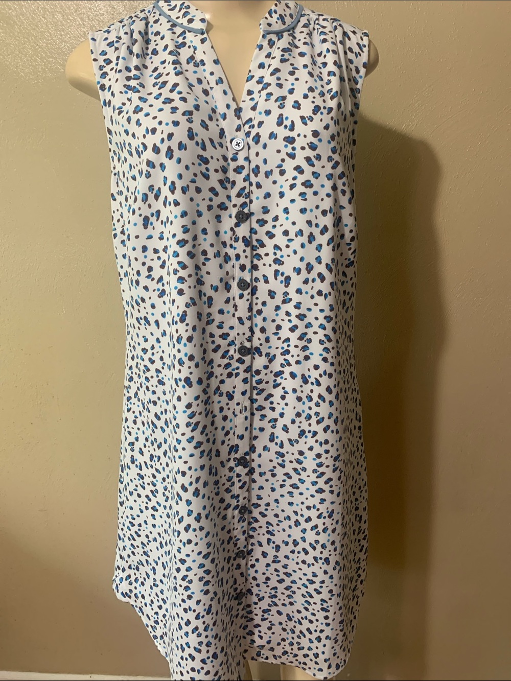 CAbi size M White  with Blue and Brown Spot Print Button Shirt Dress